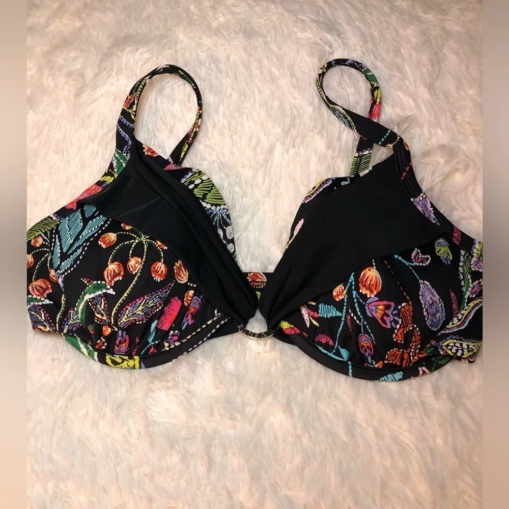 VENUS Black Bikini Top with tropical bright floral design size D